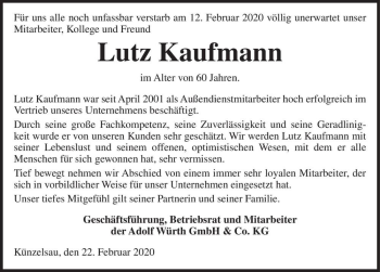Traueranzeige von Lutz Kaufmann  von Magdeburger Volksstimme