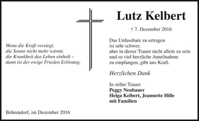  Traueranzeige für Lutz Kelbert  vom 31.12.2016 aus Magdeburger Volksstimme