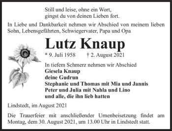 Traueranzeige von Lutz Knaup  von Magdeburger Volksstimme