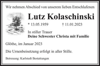 Traueranzeige von Lutz Kolaschinski  von Magdeburger Volksstimme