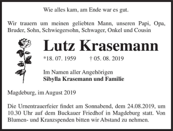 Traueranzeige von Lutz Krasemann  von Magdeburger Volksstimme