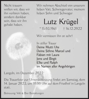 Traueranzeige von Lutz Krügel  von Magdeburger Volksstimme