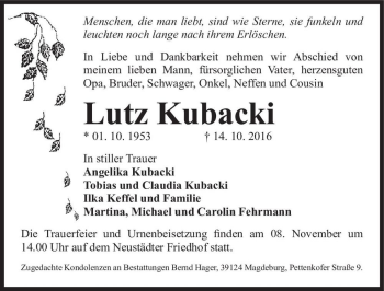 Traueranzeige von Lutz Kubacki  von Magdeburger Volksstimme