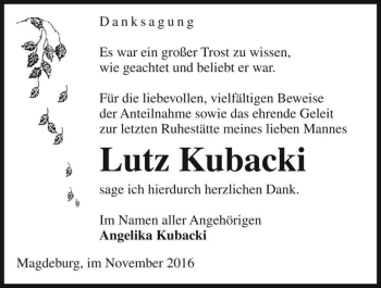 Traueranzeige von Lutz Kubacki  von Magdeburger Volksstimme