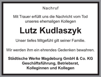 Traueranzeige von Lutz Kudlaszyk  von Magdeburger Volksstimme