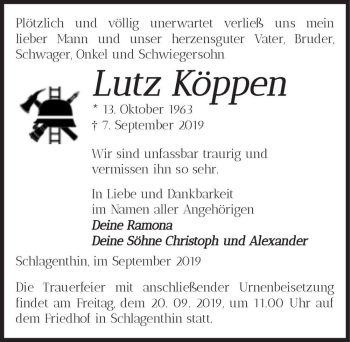 Traueranzeige von Lutz Köppen  von Magdeburger Volksstimme