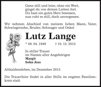 Traueranzeige von Lutz Lange  von Magdeburger Volksstimme