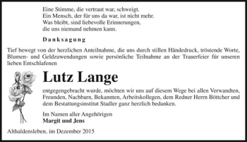 Traueranzeige von Lutz Lange  von Magdeburger Volksstimme