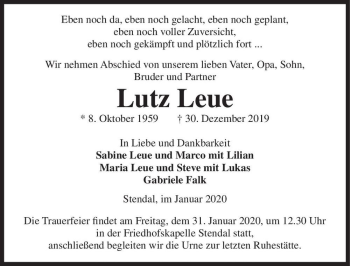 Traueranzeige von Lutz Leue  von Magdeburger Volksstimme