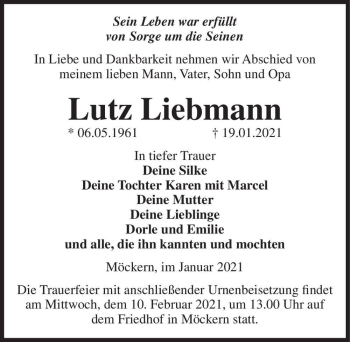 Traueranzeige von Lutz Liebmann  von Magdeburger Volksstimme
