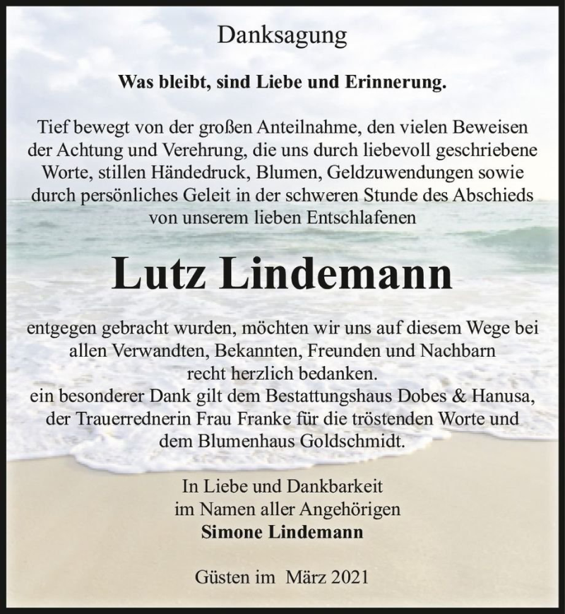  Traueranzeige für Lutz Lindemann  vom 27.03.2021 aus Magdeburger Volksstimme