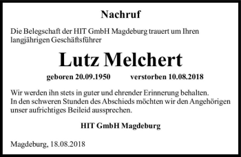 Traueranzeige von Lutz Melchert  von Magdeburger Volksstimme