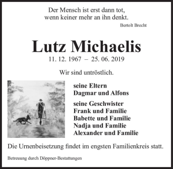 Traueranzeige von Lutz Michaelis  von Magdeburger Volksstimme