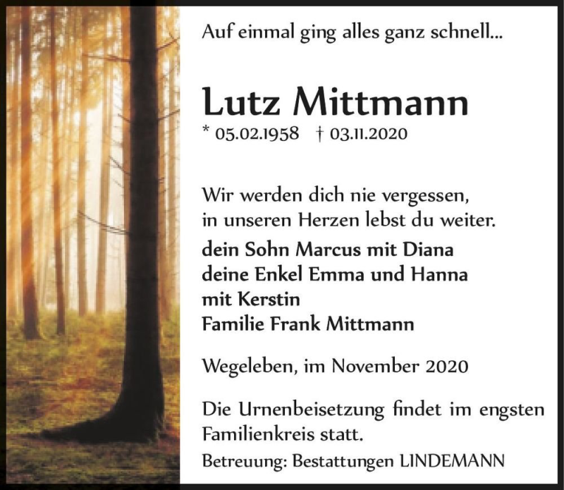  Traueranzeige für Lutz Mittmann  vom 14.11.2020 aus Magdeburger Volksstimme
