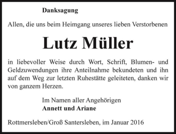 Traueranzeige von Lutz Müller  von Magdeburger Volksstimme