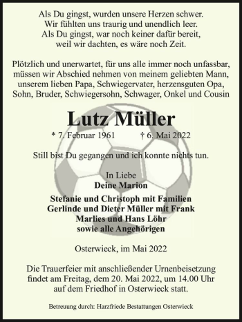 Traueranzeige von Lutz Müller  von Magdeburger Volksstimme