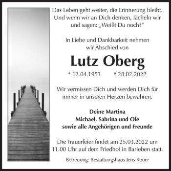 Traueranzeige von Lutz Oberg  von Magdeburger Volksstimme