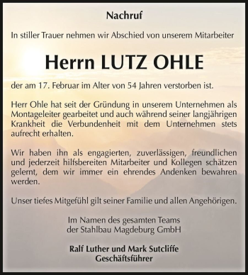 Traueranzeige von Lutz Ohle  von Magdeburger Volksstimme
