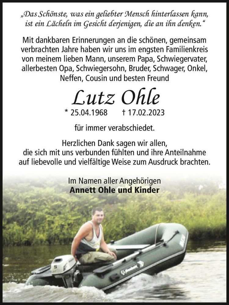  Traueranzeige für Lutz Ohle  vom 04.03.2023 aus Magdeburger Volksstimme