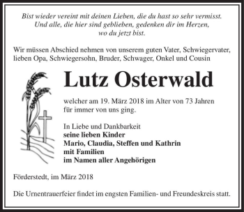Traueranzeige von Lutz Osterwald  von Magdeburger Volksstimme
