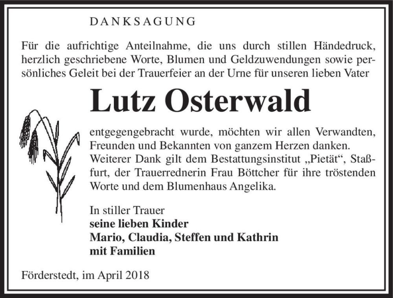  Traueranzeige für Lutz Osterwald  vom 14.04.2018 aus Magdeburger Volksstimme