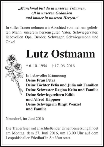 Traueranzeige von Lutz Ostmann  von Magdeburger Volksstimme