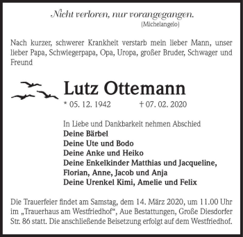 Traueranzeige von Lutz Ottemann  von Magdeburger Volksstimme