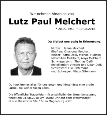 Traueranzeige von Lutz Paul Melchert  von Magdeburger Volksstimme