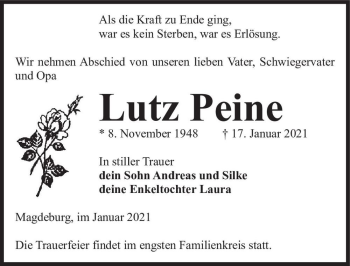 Traueranzeige von Lutz Peine  von Magdeburger Volksstimme
