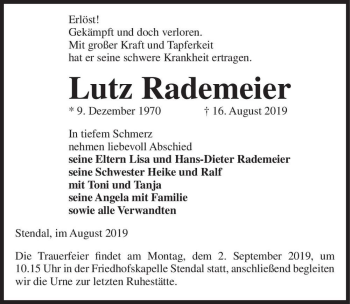 Traueranzeige von Lutz Rademeier  von Magdeburger Volksstimme