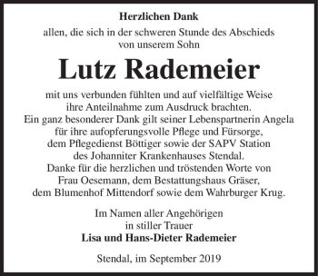 Traueranzeige von Lutz Rademeier  von Magdeburger Volksstimme