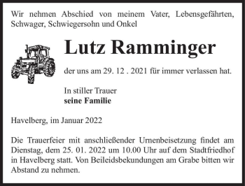 Traueranzeige von Lutz Ramminger  von Magdeburger Volksstimme