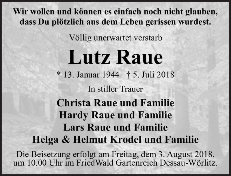  Traueranzeige für Lutz Raue  vom 14.07.2018 aus Magdeburger Volksstimme