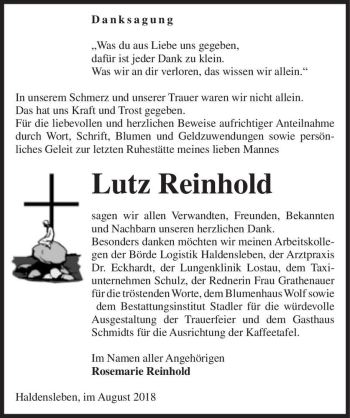Traueranzeige von Lutz Reinhold  von Magdeburger Volksstimme