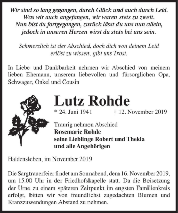 Traueranzeige von Lutz Rohde  von Magdeburger Volksstimme
