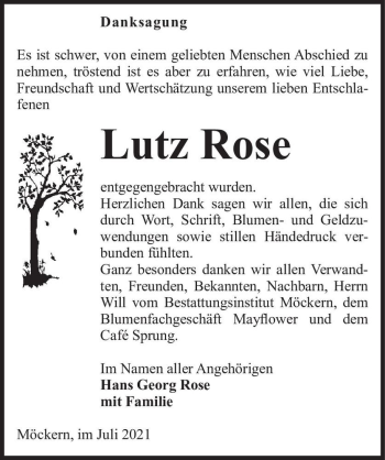 Traueranzeige von Lutz Rose  von Magdeburger Volksstimme