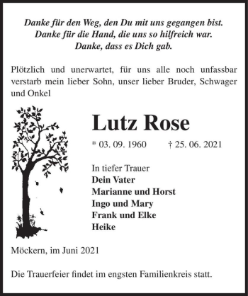 Traueranzeige von Lutz Rose  von Magdeburger Volksstimme