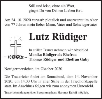 Traueranzeige von Lutz Rüdiger  von Magdeburger Volksstimme