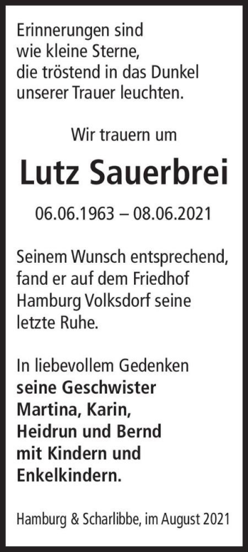 Traueranzeige von Lutz Sauerbrei  von Magdeburger Volksstimme