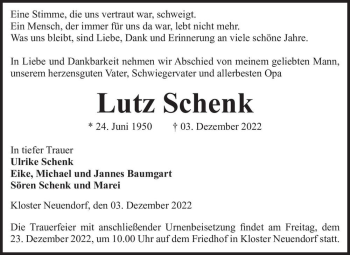 Traueranzeige von Lutz Schenk  von Magdeburger Volksstimme