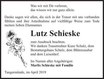 Traueranzeige von Lutz Schieske  von Magdeburger Volksstimme