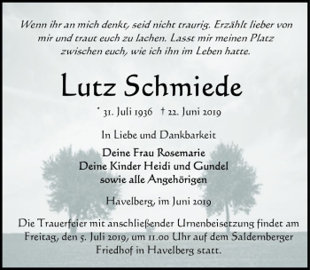 Traueranzeige von Lutz Schmiede  von Magdeburger Volksstimme