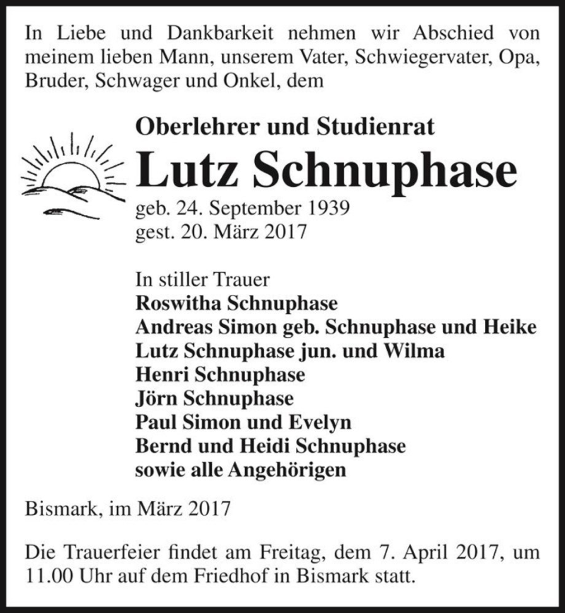  Traueranzeige für Lutz Schnuphase  vom 31.03.2017 aus Magdeburger Volksstimme