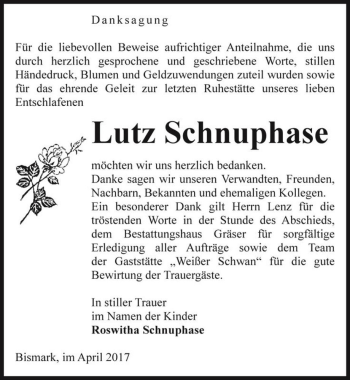 Traueranzeige von Lutz Schnuphase  von Magdeburger Volksstimme