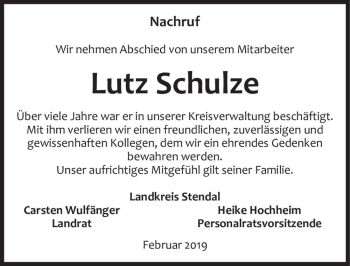 Traueranzeige von Lutz Schulze  von Magdeburger Volksstimme