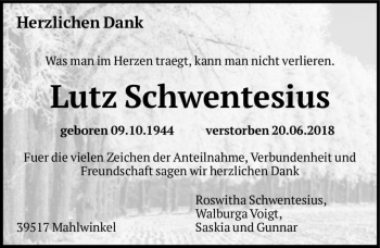 Traueranzeige von Lutz Schwentesius  von Magdeburger Volksstimme