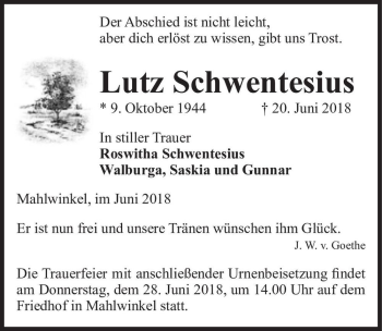 Traueranzeige von Lutz Schwentesius  von Magdeburger Volksstimme
