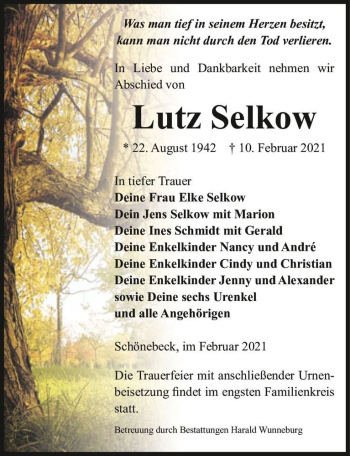Traueranzeige von Lutz Selkow  von Magdeburger Volksstimme