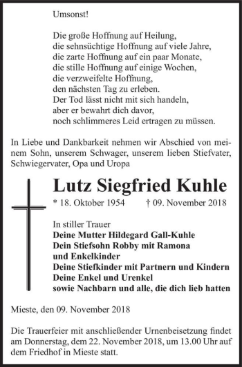 Traueranzeige von Lutz Siegfried Kuhle  von Magdeburger Volksstimme