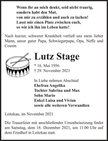 Traueranzeige von Lutz Stage  von Magdeburger Volksstimme